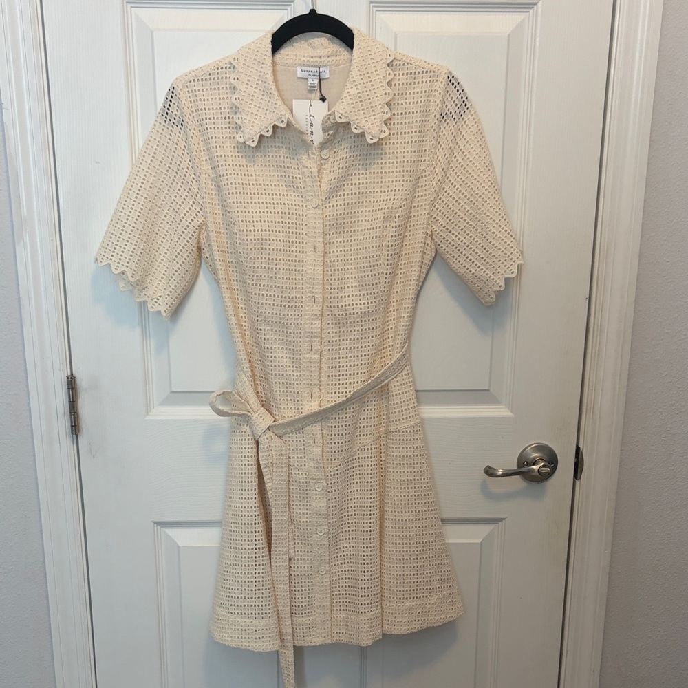 Current Air Cream Crochet Mini Shirt Dress with Belt